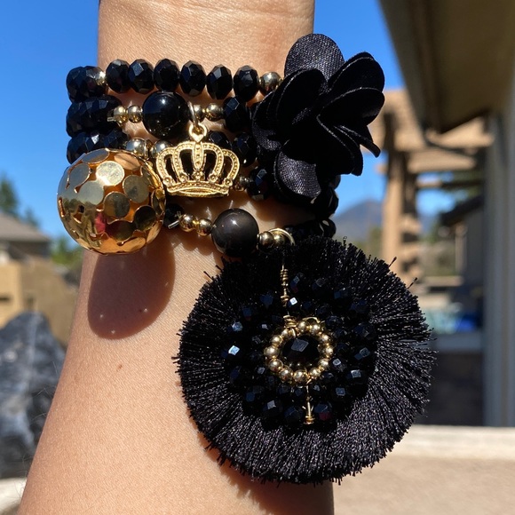 Gold Plated Set of Bracelets with Black Czech Crystal Tassels And Floral Details - Picture 3 of 4